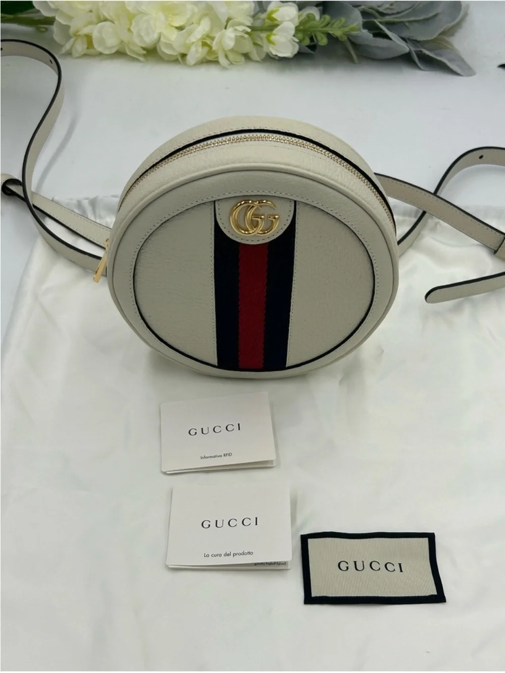 Gucci, Ophidia, mini round backpack featuring iconic gold tone double G logo NWT